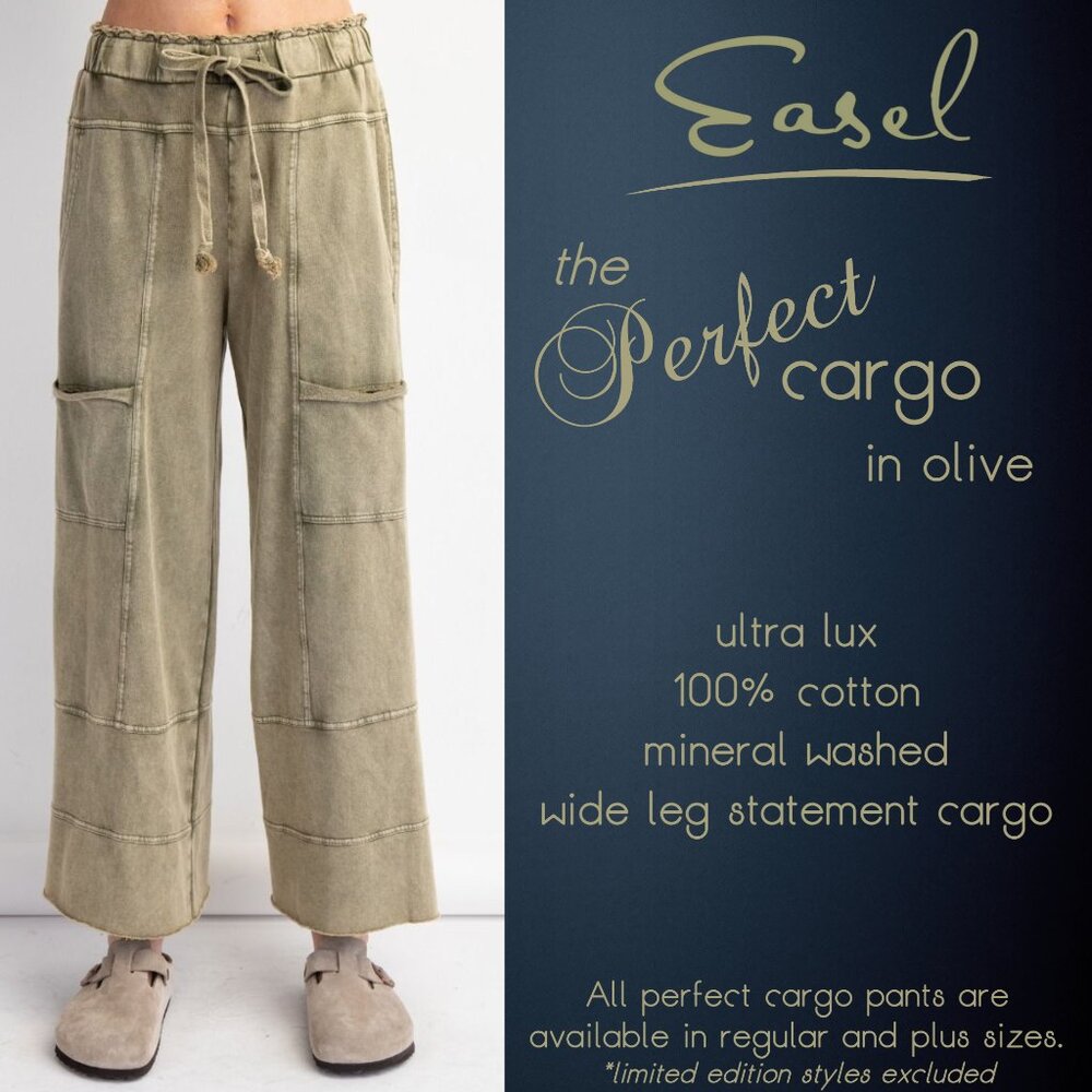 EASEL "Perfect Cargo" Terry Knit Mineral Washed Flared Leg Pants Raw Hem & Seams